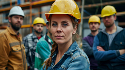 Portrait of a woman engineer in a yellow helmet at building site looking at camera. Successful architect and her team.