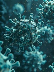 3D render of a medical with virus cells bacteria. Multiple realistic coronavirus particles floating