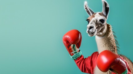 Llama in Sports Clothes Playfully Engages in a Boxing Match on Celadon Background