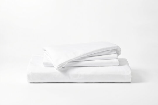 Stacked white bedsheets on a white background