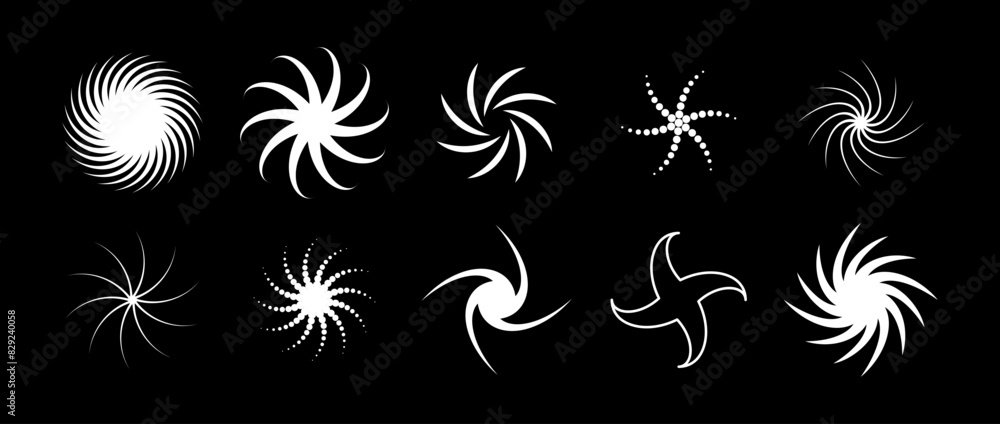 Aufkleber Various twist and swirl element set. White dotted twirl and rotating symbol collection. Circular radial revolving spinning whirlwind object bundle for graphic design, poster, banner. Vector pack