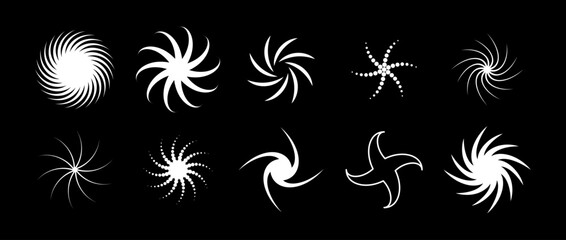 Various twist and swirl element set. White dotted twirl and rotating symbol collection. Circular radial revolving spinning whirlwind object bundle for graphic design, poster, banner. Vector pack