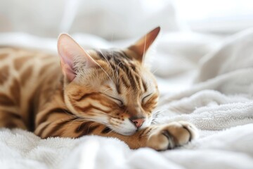 Gorgeous Bengal cat with gold rosette grooming on white bed