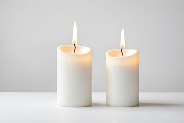 Two White Candles Burning on a White Surface