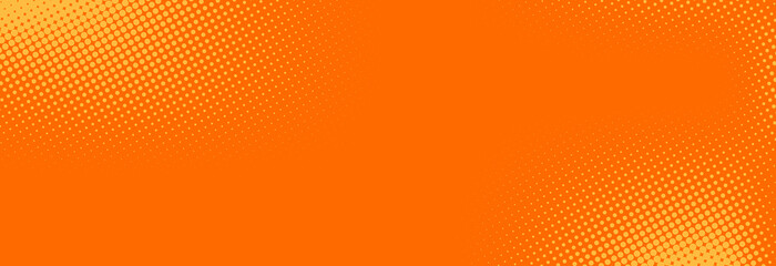 Orange halftone pattern. Retro comic gradient background. Bright pixelated dotted texture overlay. Cartoon pop art faded gradient pattern. Vector backdrop for poster, banner, advertisement