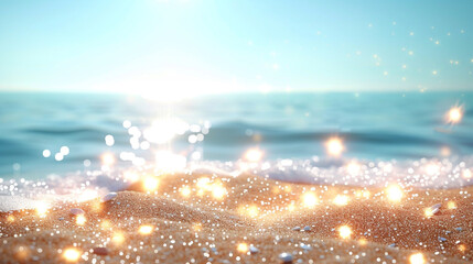 Golden beach sands shimmer under a tranquil sky with twinkling lights.