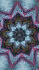Lotus mandala. Ethnic kaleidoscope. Blur blue pink color sparkling particles texture ink flow round...