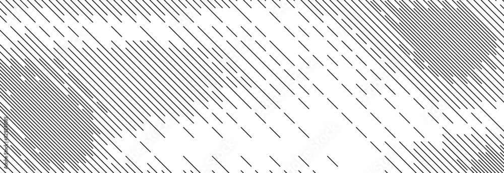 Poster Diagonal dash line texture. Black slanted dashed lines pattern background. Straight tilt interrupted stripes wallpaper. Abstract dither rasterized grunge overlay. Vector wide dotted ripple texture