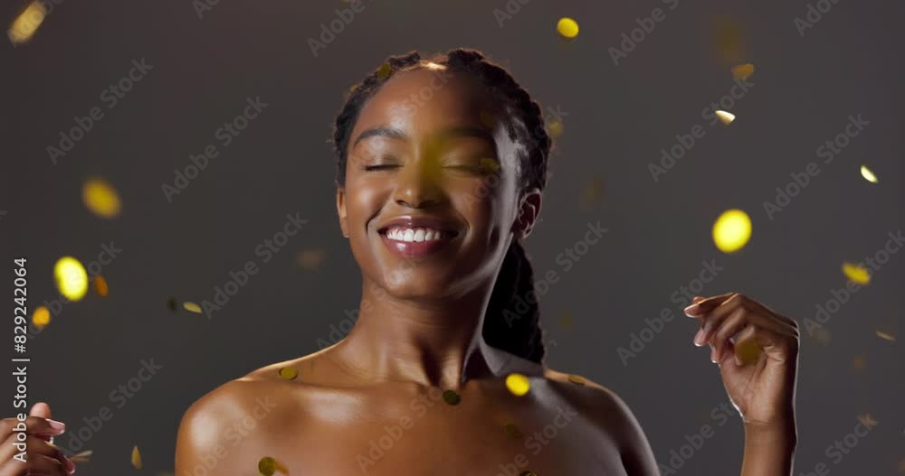 Poster Woman, face and confetti skincare with smile for celebration in studio for surprise, cosmetics or brown background. Black person, happiness and beauty makeup with wellness, promotion or announcement