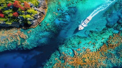 Aerial view of a yacht cruising through a colorful channel in a tropical coral island