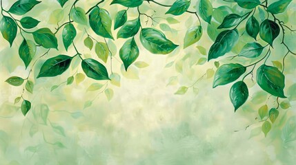 Lush green leaves on branches against a blurry light green background, conveying a serene and natural environment, perfect for nature themes.