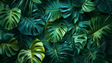 Lush tropical green leaves, beautifully arranged, creating a dense and vibrant natural background perfect for nature-themed projects.