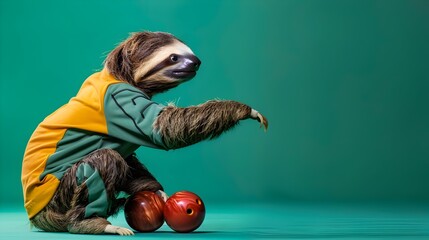 Cute Sloth in Sports Clothes Playing Bowling on Emerald Background