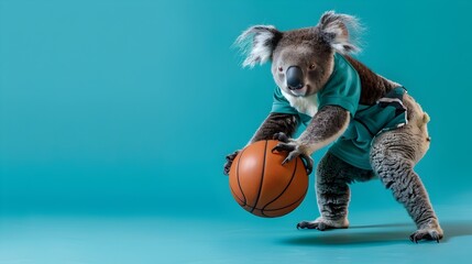 Cute Koala in Sports Clothes Playing Basketball on Turquoise Background