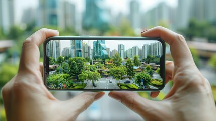 Hands holding a smartphone capturing a vibrant cityscape with tall buildings and lush greenery, showcasing urban life and modern architecture.