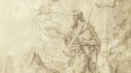 God Delivers Ten Commandments to Moses on Mount Sinai, Thunder, Lightning, Biblical Illustration, Beige Background, Copyspace