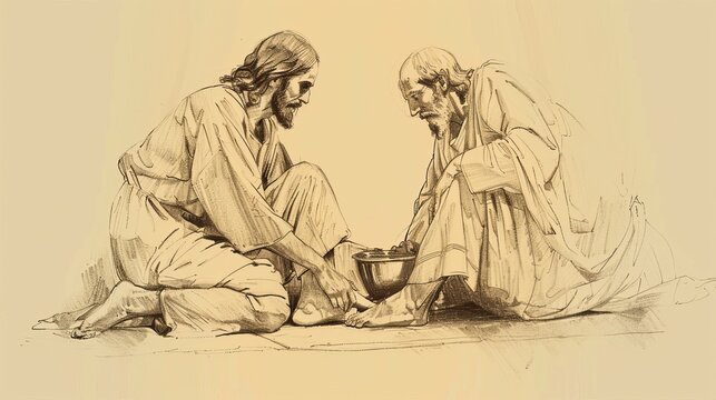 Jesus Demonstrating Humility and Servanthood, Washing Disciples' Feet, Last Supper, Biblical Illustration, Beige Background, Copyspace