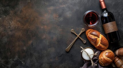 Top view of cross sacramental bread wine and utensils on dark surface