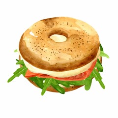 Bagel, sandwich, burger with fish, cream cheese, lemon and herbs. Cooking breakfast, lunch, dinner. Hand drawn watercolor illustration isolated on white background. Template for design