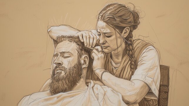 Samson&rsquo;s Hair Cut by Delilah, Capture by Philistines, Biblical Illustration, Beige Background, Copyspace