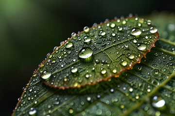Dewdrop resting on a textured green leaf. 