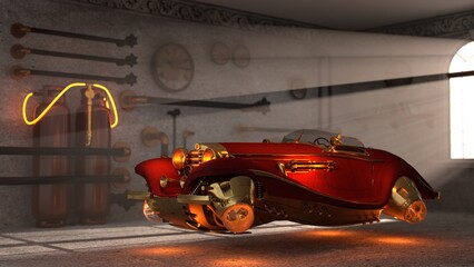 Naklejka premium retro futuristic car, convertible, in the garage, steampunk style, 3d render