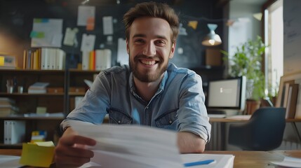 Fototapeta premium Cheerful Young Professional Working Diligently at Desk in Cozy Office Environment