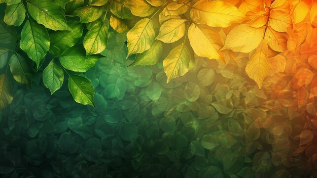 Vibrant autumn and green foliage background blending warm tones of orange and cool tones of green, beautifully illustrating nature's transition.