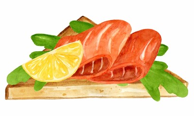 Sandwich with fish, lemon and herbs. Cooking breakfast, lunch, dinner. Hand drawn watercolor illustration isolated on white background. Template for design
