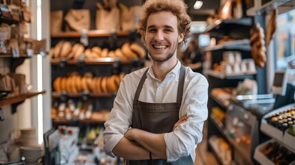 Cheerful Young Retail Worker Greeting Customers in Cozy Bakery Store