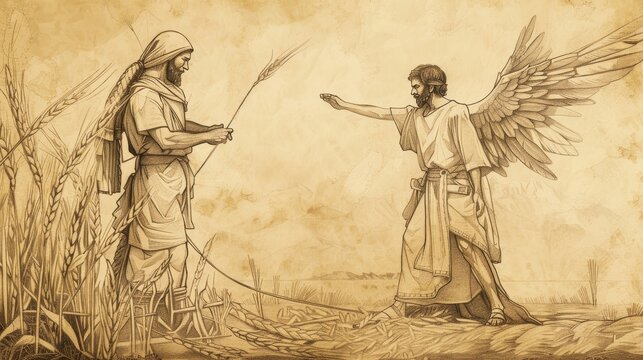 Angel Calls Gideon Mighty Warrior, Saving Israel from Midianites, Biblical Illustration, Beige Background, Copyspace