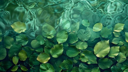 Tranquil view of green lily pads floating on calm water, reflecting light and creating a peaceful natural scene.