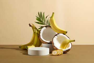 Frontal shot photography of tropical fruit ingredients theme for organic product advertising with...