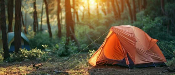 An orange camping tent in a serene forest during sunrise, perfect for outdoor adventure and relaxation enthusiasts.