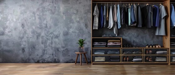 Modern wardrobe with clothes and accessories, minimalist design in a spacious room, concrete wall background, houseplant on stool.