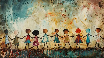 Colorful abstract painting of diverse children holding hands against a vibrant background, symbolizing unity and community.