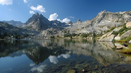 Peaceful mountain lake reflecting surrounding peaks
