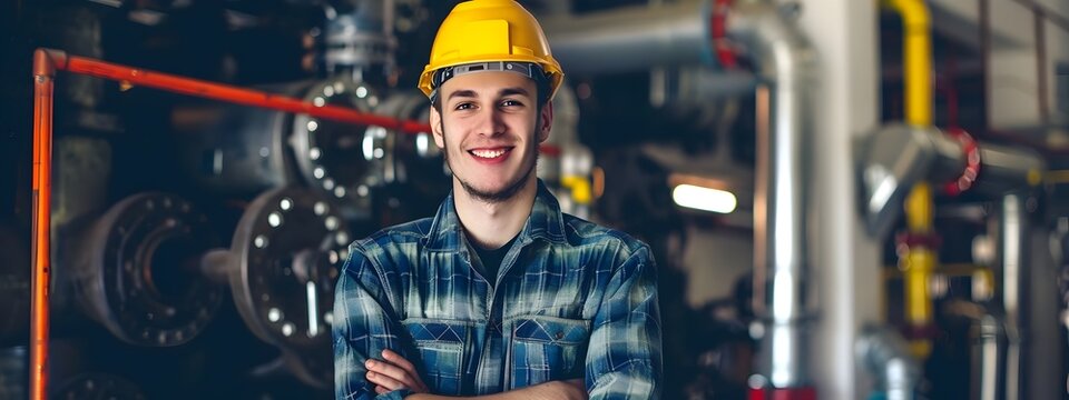 Confident Boilermaker in Workwear Posing with Crossed Arms at Industrial Site