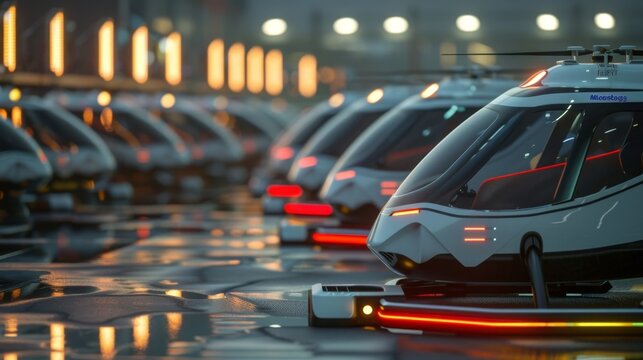 A row of air taxis line up at a charging station ready to take off and showcase the power of green energy in transportation.