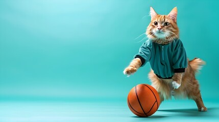 Munchkin Cat Embraces Basketball in Vibrant Sports Clothes on Turquoise Backdrop