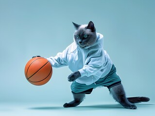 Russian Blue Cat Playing Basketball in Vibrant Sports Clothes on Mint Background