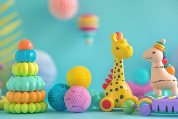 Colorful children s toys on a pastel background