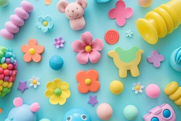 Colorful children s toys on a pastel background