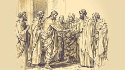 Pharisees Watching Closely as Jesus Heals Man with Dropsy on Sabbath, Biblical Illustration, Beige Background, Copyspace