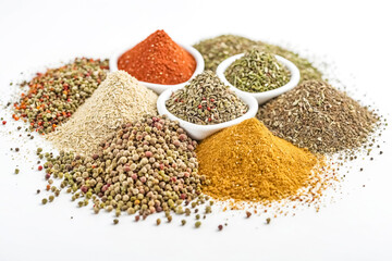Colorful Spices in Bowls on White Background