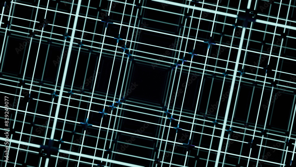 Poster electronic 3d grid with square lines. design. 3d grid with square tunnel on black background. comput