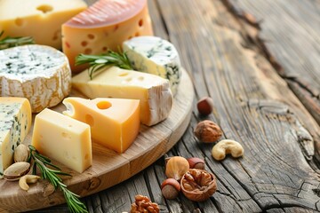 Elegant artisan cheese board with variety of cheeses, nuts, and fruit on a rustic wooden table