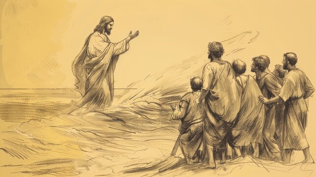 Jesus Commands Storm to Cease, Sea of Galilee, Disciples Marvel, Biblical Illustration, Beige Background, Copyspace