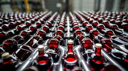 A series of bottles of red wine bottles in a factory with closeup view and leading lines on the alcoholic drink bottle, wine making factory
