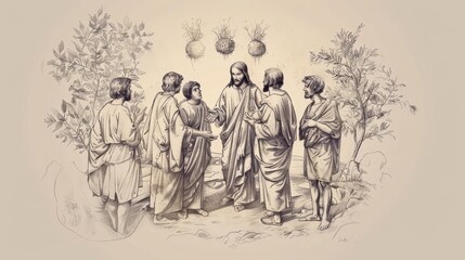 Jesus Teaches Parable of Sower, Soil Types, Disciples, Biblical Illustration, Beige Background, Copyspace